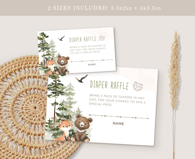 May include: Two printable diaper raffle ticket designs featuring a woodland theme with a fox and bear. The text reads "Diaper Raffle" and "Bring a pack of diapers in any size, for your chance to win a special prize."  The tickets are available in two sizes: 3.5x2 inches and 5x3.5 inches.