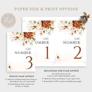 May include: Printable table number cards with a floral design in shades of white, brown, and orange. The cards feature the text "table number" and a number. The text "single page option" and "multiples per page option" are also included.