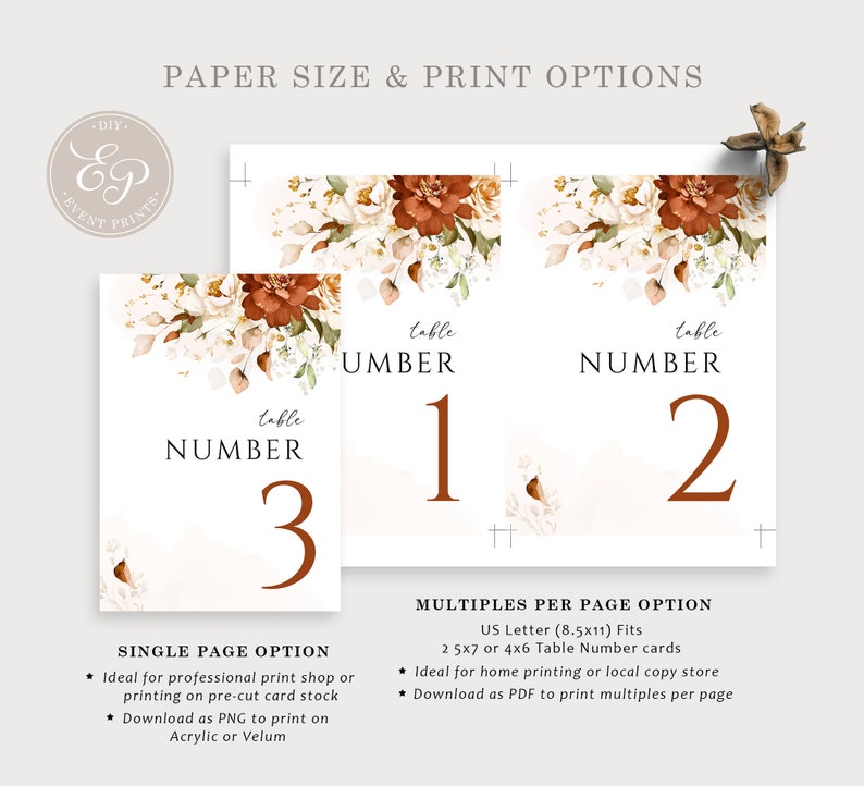 May include: Printable table number cards with a floral design in shades of white, brown, and orange. The cards feature the text "table number" and a number. The text "single page option" and "multiples per page option" are also included.