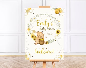 Classic Winnie The Pooh Baby Shower Welcome Sign, Printable Bee Baby Shower Decor, Editable Winnie The Pooh Party Baby Shower Signage BS101