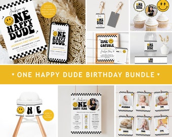 ONE HAPPY DUDE Birthday Invitation Bundle, One Happy Dude First Birthday Invitation Template, Smiley 1st Birthday Invite Birthday Decor BD40