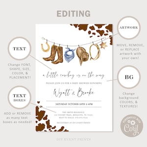 LITTLE COWBOY Editable Baby Shower Invitation Template Set, Printable ...