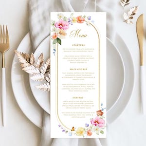 Garden Flowers Wedding Menu Template, Wildflower Wedding dinner menu, Floral Wedding Menu Card, Spring Floral Bridal Shower Menu WED8