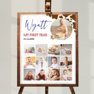 My FIRST RODEO First Birthday Photo Sign Editable Template, Cowboy Birthday Baby's First Year Photo Collage, Baby Milestones Board BD02