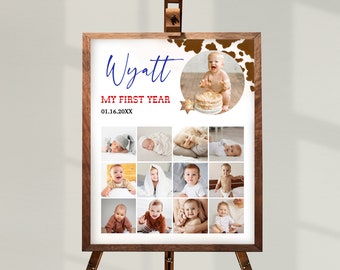My FIRST RODEO First Birthday Photo Sign Editable Template, Cowboy Birthday Baby's First Year Photo Collage, Baby Milestones Board BD02