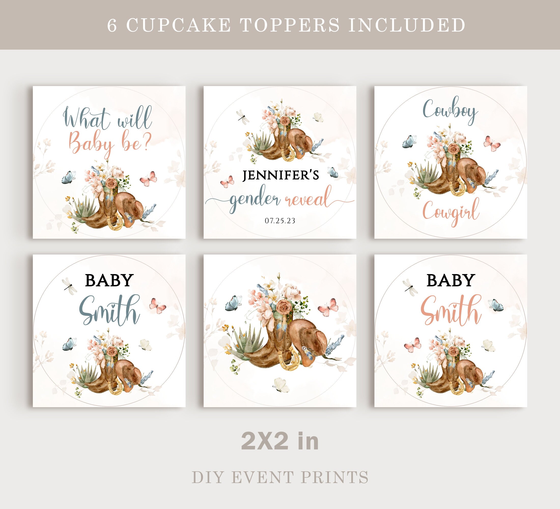 Western Gender Reveal Cake Topper & Cupcake Toppers Set - Cowboy Boots & Hat Decor For Baby Shower, Boy Or Girl Party Supplies
