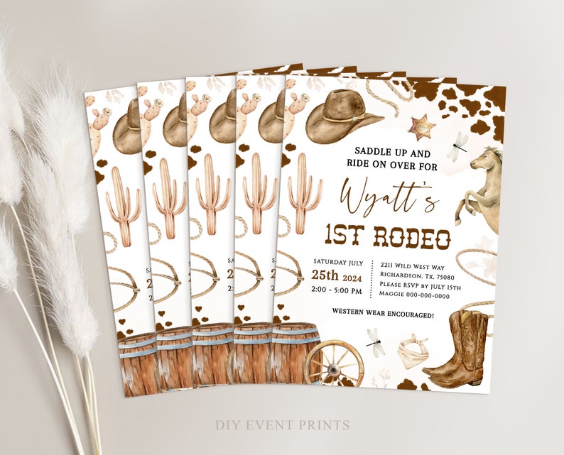 FIRST RODEO Invitation Template, Printable Wild West Birthday Invite, Boy Cowboy Birthday Invitation, Editable My 1st Rodeo Invitation BD01 image 3