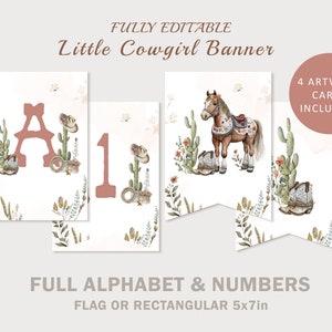 Cowgirl Baby Shower Banner, Western Girl Baby Shower Backdrop Name Banner, Little Cowgirl Printable Bunting Pennant Banner, A-Z & 0-9 BS74
