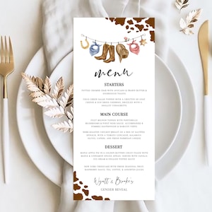 GENDER REVEAL Invitation Menu Template, Cowboy or Cowgirl dinner menu, Boy or Girl Wild West Menu Card, Editable Gender Reveal Menu GR02