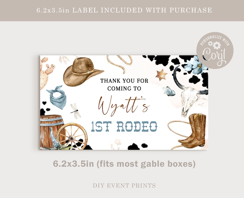 My FIRST RODEO Birthday Gable Box Label Template, Cowboy Gift Box Party ...