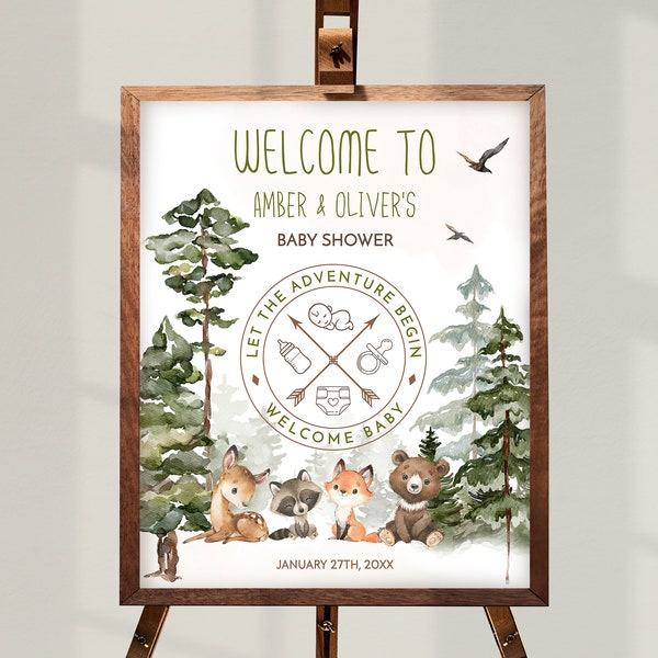 CAMPING Baby Shower Welcome Sign, Woodland Baby Shower Decor, Editable Oh Baby Adventure Awaits Woodland Creatures Baby Shower Signage BS07
