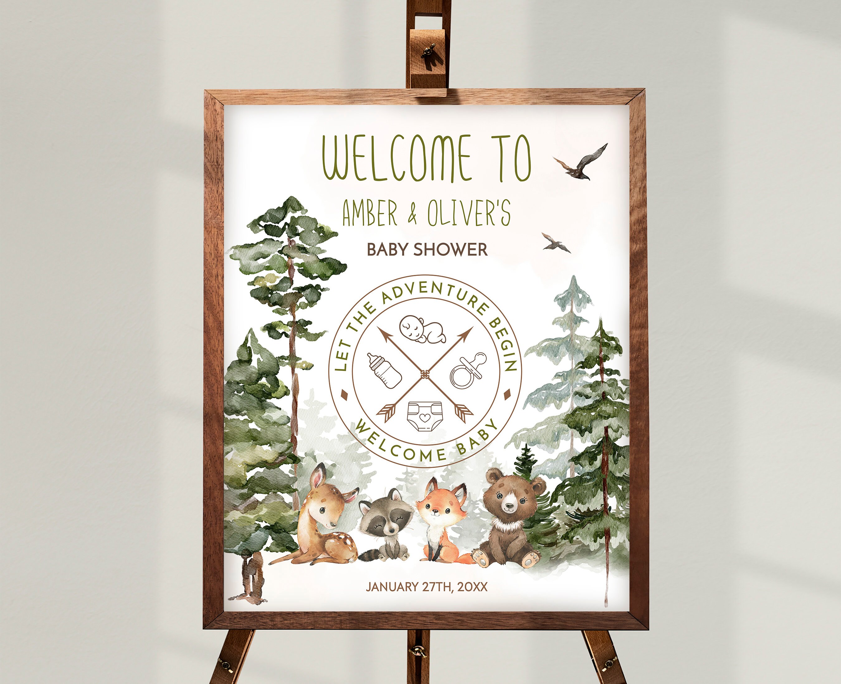 CAMPING Baby Shower Welcome Sign, Woodland Baby Shower Decor, Editable Oh Baby Adventure Awaits Woodland Creatures Baby Shower Signage BS07