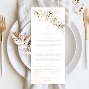 BAPTISM Menu Template, First Communion dinner menu, Bautizo Floral Girl Christening Menu Card, Printable Editable Boho Menu Template BT3