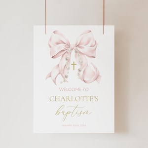 PINK BOW Baptism Invitation WELCOME Sign Template, First Communion Welcome Sign,Pink Baptism Welcome Sign,Girl Christening Welcome Sign BT12
