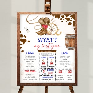 May include: A printable first birthday sign for a boy named Wyatt. The sign features a cowboy boot, wagon wheel, and a barrel. It includes details about Wyatt's personality, what he loves, what he can do, and his favorite foods, books, and songs. The sign is decorated with a brown and white cow print background.