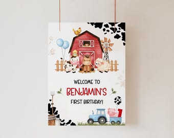Farm Animals FARM BIRTHDAY Welcome Sign Template, Barnyard Birthday First Birthday Decor, Editable Red Cow Birthday 1st Birthday Signs BD34