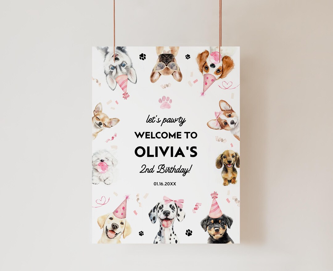 DOG Invitation Welcome Sign Template, Dog Birthday Decor, Pink Puppy ...