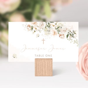 Baptism Invitation Girl PLACE CARD Template, First Communion Name Cards, Floral Girl Christening Table Place Cards,Baptism Seating Cards BT3