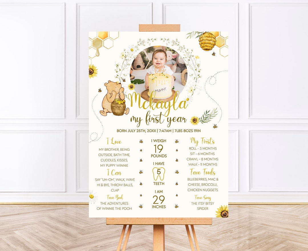 Winnie the Pooh First Birthday Milestone Board, Classic Theme (editable ...