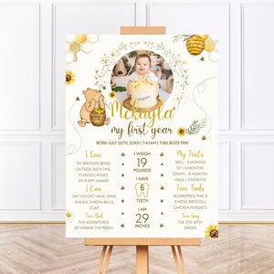 Classic Winnie The Pooh First Birthday Milestone Board Editable Template, 1st Birthday Babys First Year Milestone Poster Birthday Decor BD30