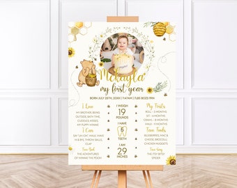 Classic Winnie The Pooh First Birthday Milestone Board Editable Template, 1st Birthday Babys First Year Milestone Poster Birthday Decor BD30