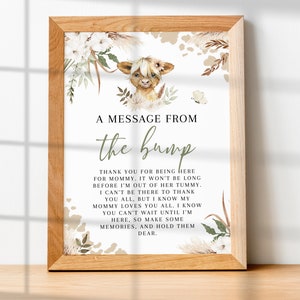 Message From The Bump Baby Shower Sign, Boho Highland Cow Baby Shower Signage, Holy Cow Editable Message From Baby, Baby Shower Sign BS62