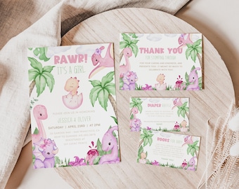 DINOSAUR Baby Shower Bundle, Dino Baby Shower Evite Invitation Templates, Diaper Raffle Ticket, Girl Dinosaur Invitation Dinosaur Party BS96