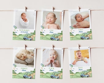 May include: A set of six photo cards with a golf cart theme. Each card features a baby in a different pose, with the age of the baby written on the card. The cards are decorated with green grass, blue sky, and white clouds. The text on the cards reads "NEWBORN 01-16-2028", "ONE Month", "TWO Months", "THREE Months", "FOUR Months", and "FIVE Months".
