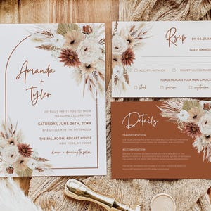 Terracotta Wedding Invitation Template Set, Digital Wedding Invitation, Boho Wedding,Fall Wedding Invite Suite,Pampas Invitation Bundle WED6
