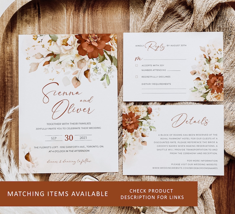 May include: Wedding invitation with a floral design in shades of orange, white, and green. The invitation features the names Sienna and Oliver, the date 30 September 2023, and the location The Florist's Loft, 1032 Danforth Ave, Toronto, ON.  The invitation also includes an RSVP card with a floral design.