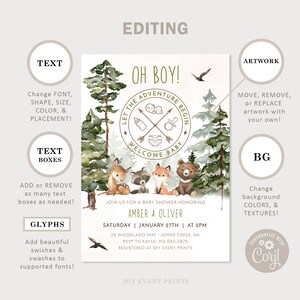 May include: A baby shower invitation with a woodland theme. The invitation features a watercolor illustration of a forest with a bear, fox, and raccoon. The text on the invitation reads "Oh Boy! Let the Adventure Begin" and "Welcome Baby".