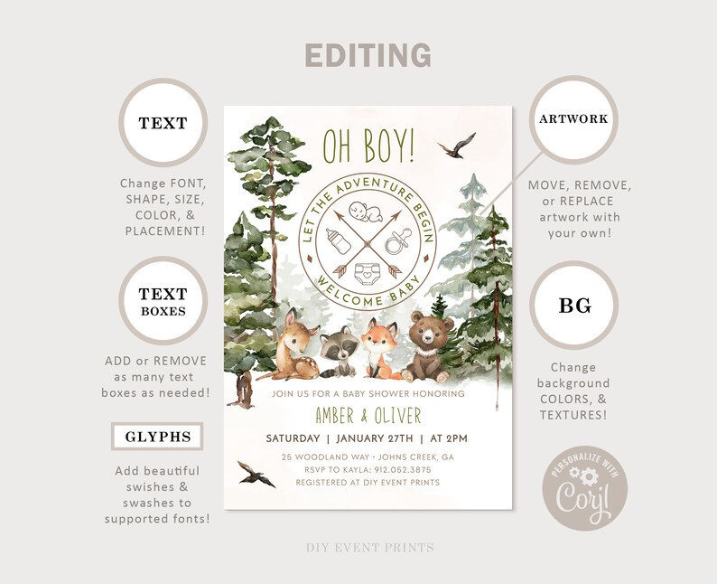 May include: A baby shower invitation with a woodland theme. The invitation features a watercolor illustration of a forest with a bear, fox, and raccoon. The text on the invitation reads "Oh Boy! Let the Adventure Begin" and "Welcome Baby".