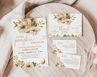 A Little Pumpkin Baby Shower Invitation Bundle | Fall Baby Shower Pumpkin Invitation | Pumpkin Baby Shower Diaper Raffle Ticket Phone Invite