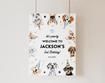 May include: A white poster with watercolor illustrations of various dog breeds, party hats, and confetti. The text reads "Let's Pawty Welcome to Jackson's 2nd Birthday!" with the date 01.16.20XX.