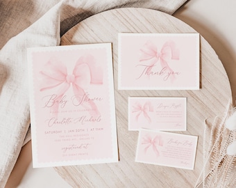 PINK BOW Baby Shower Invitation Template Set, Editable Pink Coquette Bow Invitation, Ribbon Girl Baby Shower, Pink Baby Shower Invite BS106