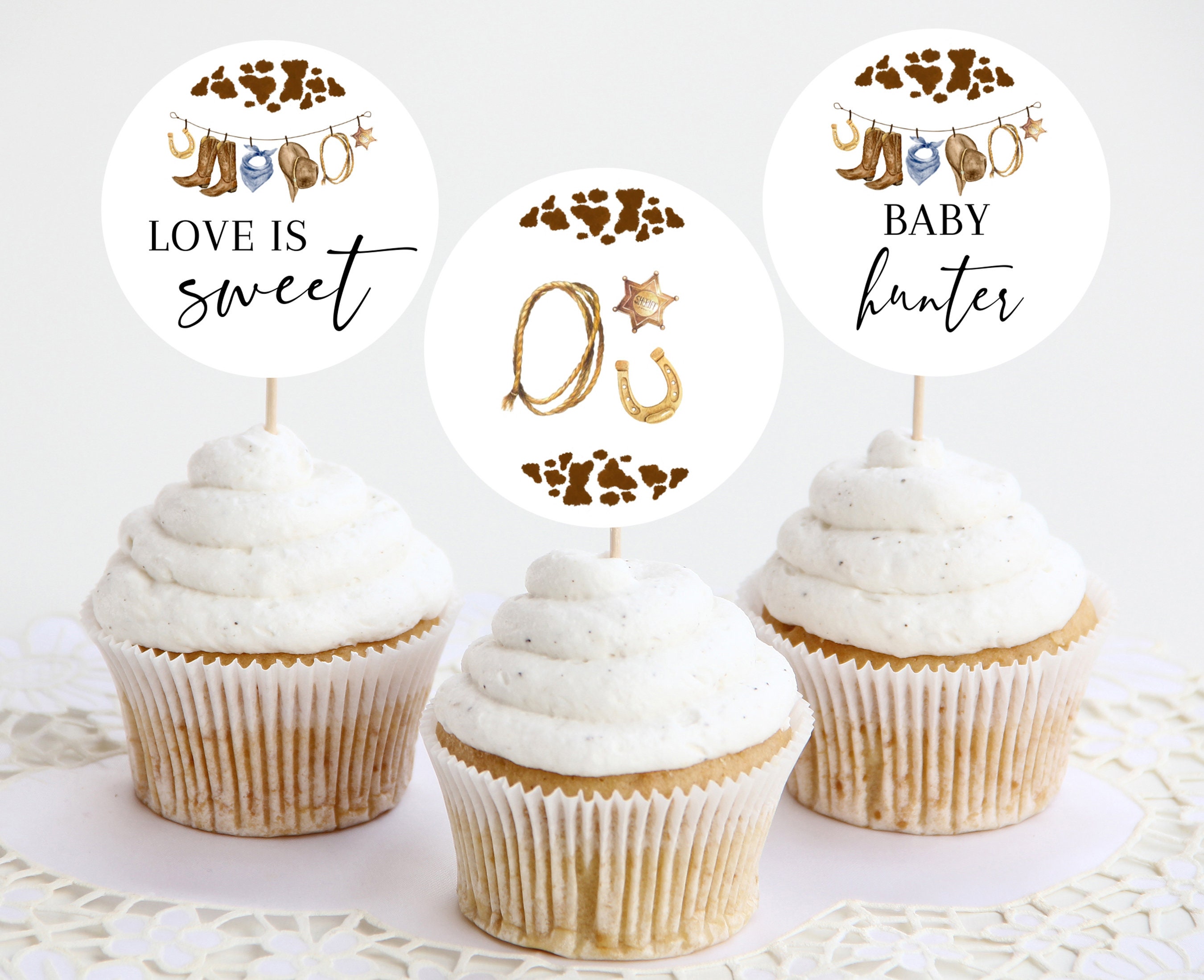 24 Kleine Cowboy Cupcake-Topper Für Die Baby Shower – Western Deko In Blau & Braun