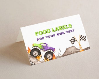May include: Printable food labels featuring a green and purple monster truck with flames, driving over a dirt mound with checkered flags. The text "FOOD LABELS ADD YOUR OWN TEXT" is at the top of the label.