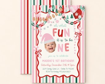 May include: A birthday invitation card featuring a striped background in red, pink, and green. The text reads: oh what FUN it is to be ONE, join us to celebrate, MADDIE'S 1ST BIRTHDAY! Saturday, December 5th @ 2pm, 2211 Candy Cane Ln. - Dallas TX 75235, RSVP to Kinsley 972.624.8321.