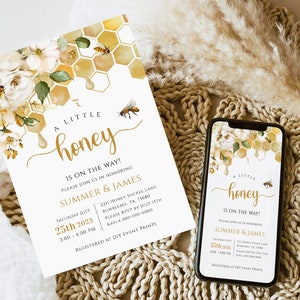 HONEY BEE Baby Shower Bundle, Bumble Bee Invitation Template, Bee Baby Shower Evite, Diaper Raffle Ticket, Thank You Cards,Little Honey BS61