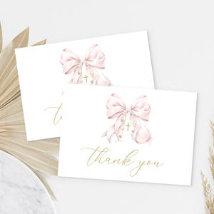 Pink Bow THANK YOU Card, Coquette Bow Baptism Thank You, First Communion, Christening, Pink Ribbon Baptism Invitation Thank You BT12