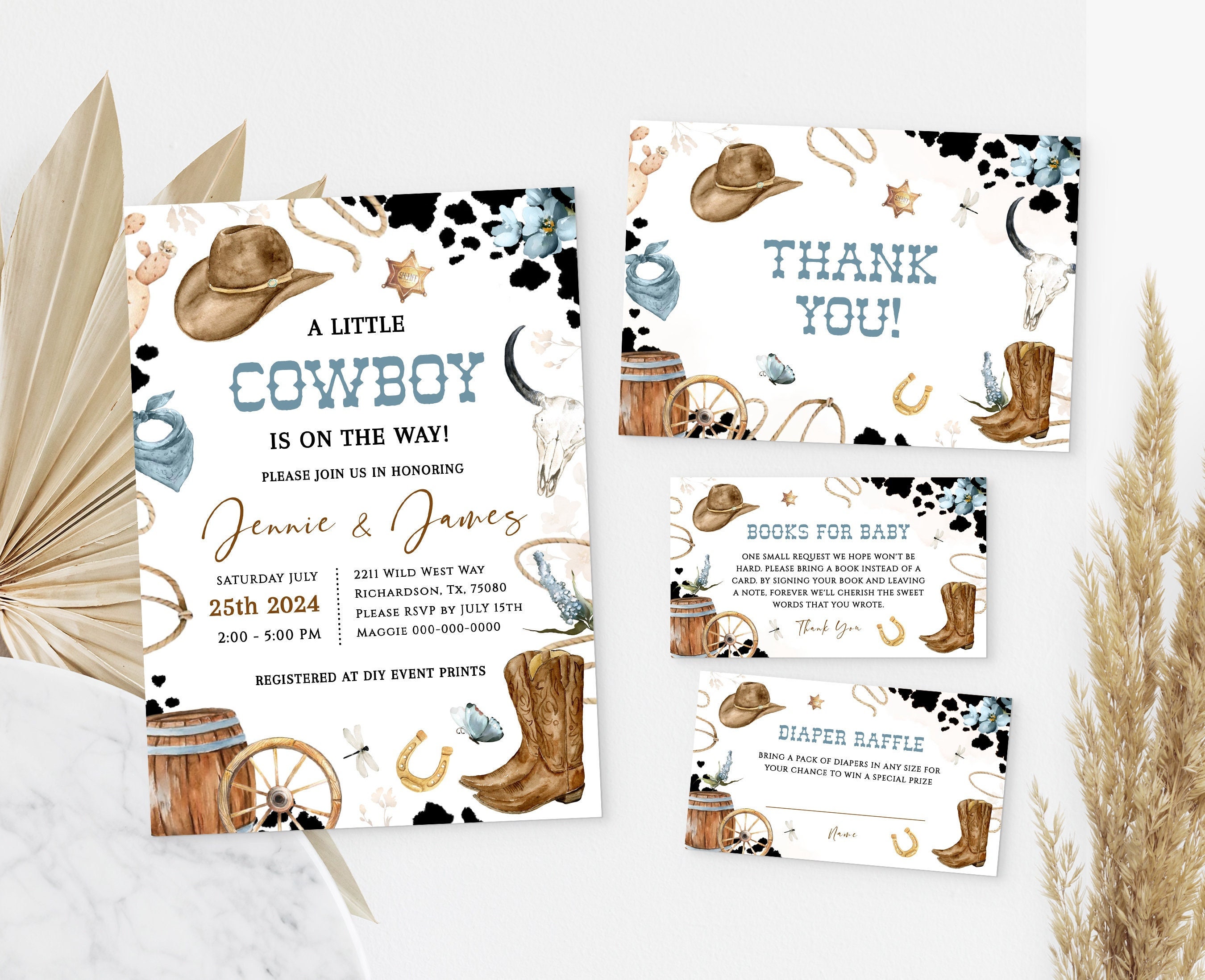 LITTLE COWBOY Editable Baby Shower Invitation Template Set