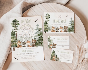 CAMPING Baby Shower Bundle, Woodland Baby Shower Evite & Editable Invitation, Oh Baby Adventure Awaits Woodland Creatures Baby Shower BS07