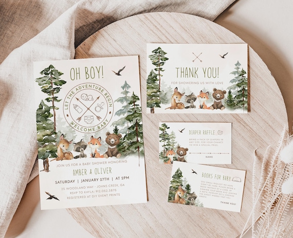 CAMPING Baby Shower Bundle, Woodland Baby Shower Evite & Editable Invitation, Oh Baby Adventure Awaits Woodland Creatures Baby Shower BS07