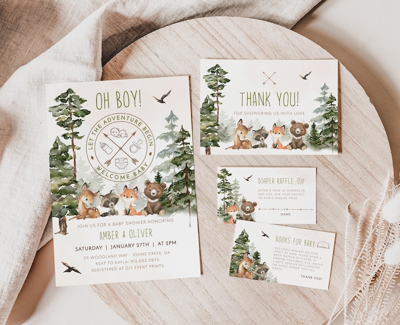 CAMPING Baby Shower Bundle, Woodland Baby Shower Evite & Editable Invitation, Oh Baby Adventure Awaits Woodland Creatures Baby Shower BS07 image 1