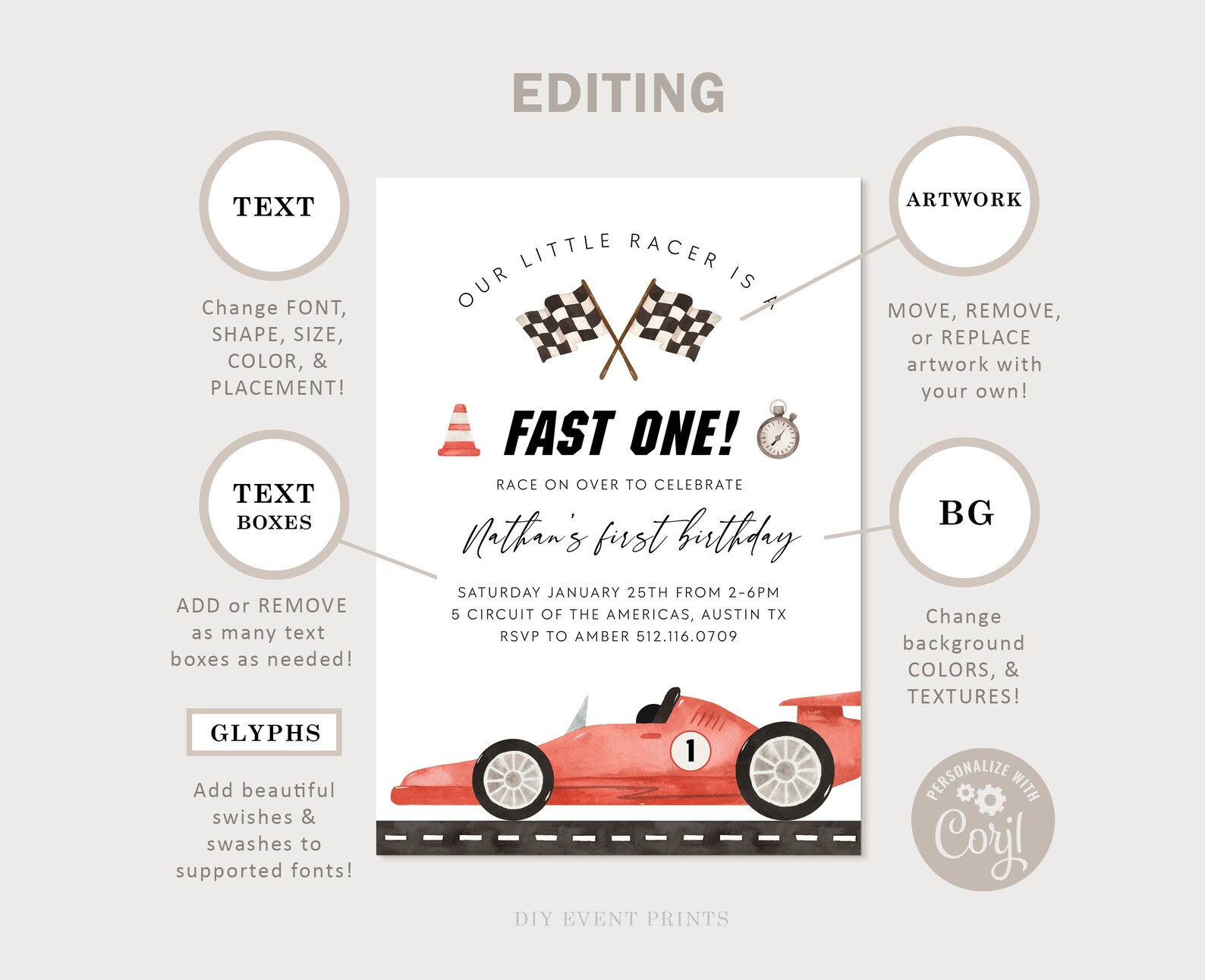 RACE CAR Birthday Milestone Board Editable Template, Race Car 1st ...