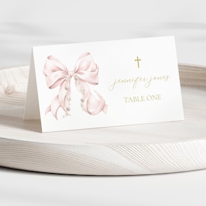 Pink Bow Baptism Invitation PLACE CARD Template, First Communion Name Cards, Pink Christening Table Place Cards, Baptism Seating Cards BT12