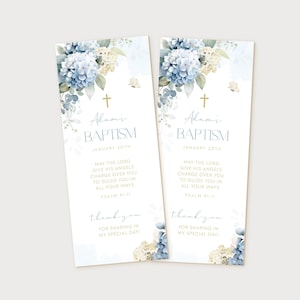 Boy BAPTISM Favors BOOKMARK Template, Baby Blue Floral Bookmark Christening Favors, Editable Template, Baptism Bookmark Prayer Card BT10