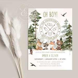 May include: A baby shower invitation with a woodland theme. The invitation features a green and brown circular logo with the text "Let the Adventure Begin" and "Welcome Baby". The invitation also features a watercolor illustration of a forest with a deer, raccoon, fox, and bear.