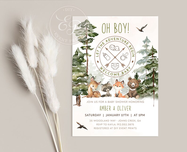 May include: A baby shower invitation with a woodland theme. The invitation features a green and brown circular logo with the text "Let the Adventure Begin" and "Welcome Baby". The invitation also features a watercolor illustration of a forest with a deer, raccoon, fox, and bear.