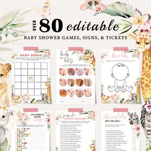 Girl SAFARI Baby Shower Printable Baby Shower Games, JUNGLE Baby Shower Games Bundle, Wild One Baby Shower Signs, Baby Shower Games BS104